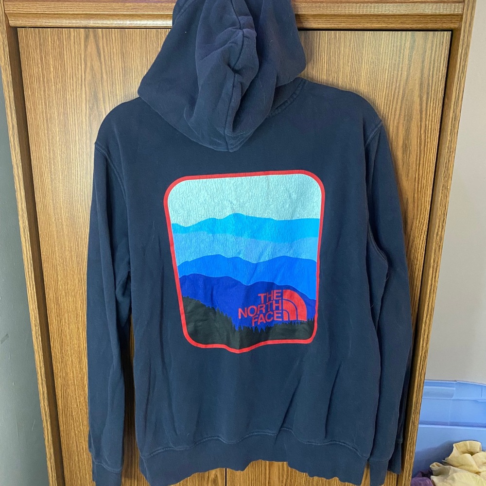 FLAW The North Face Hoodie Mens M Navy Blue Red Logo Mountain Graphic Pullover - Picture 2 of 8